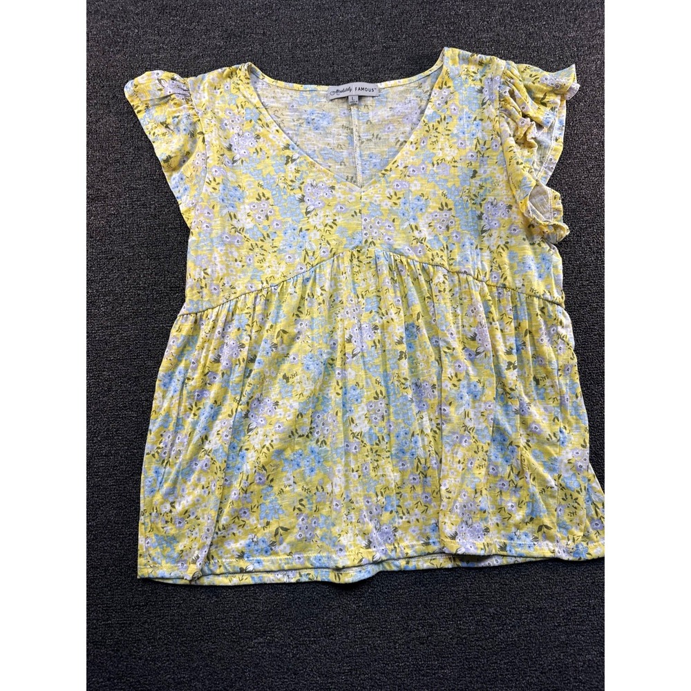 Absolutely Famous Women's L Yellow Blue White Floral V-Neck Ruffle Sleeve Top